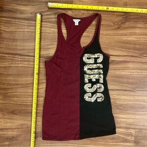 GUESS Women's Color Block Tank Top - Maroon Red and Black with Gold Sequins